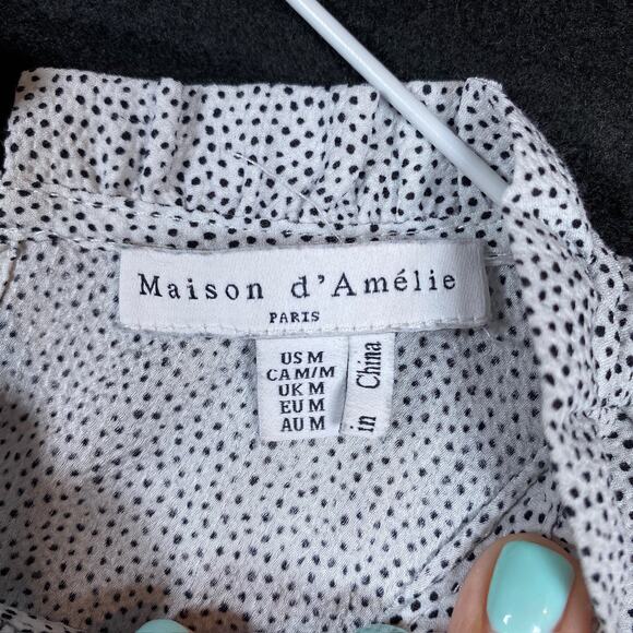 Maison d' Amelie Womens Blouse White Black Spotted Ruffle Balloon Sleeve Paris M - Picture 6 of 14